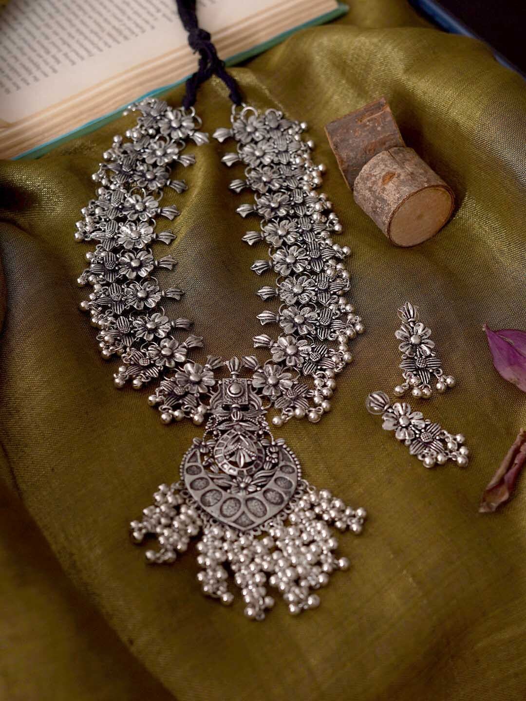 TEEJH Oxidised Silver-Plated Ghungroo Beaded Jewellery Set