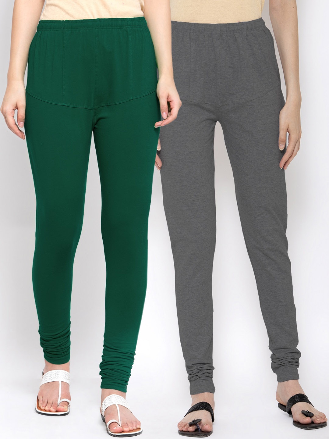 KLOTTHE Women Pack Of 2 Solid Cotton Churidar-Length Leggings, Green