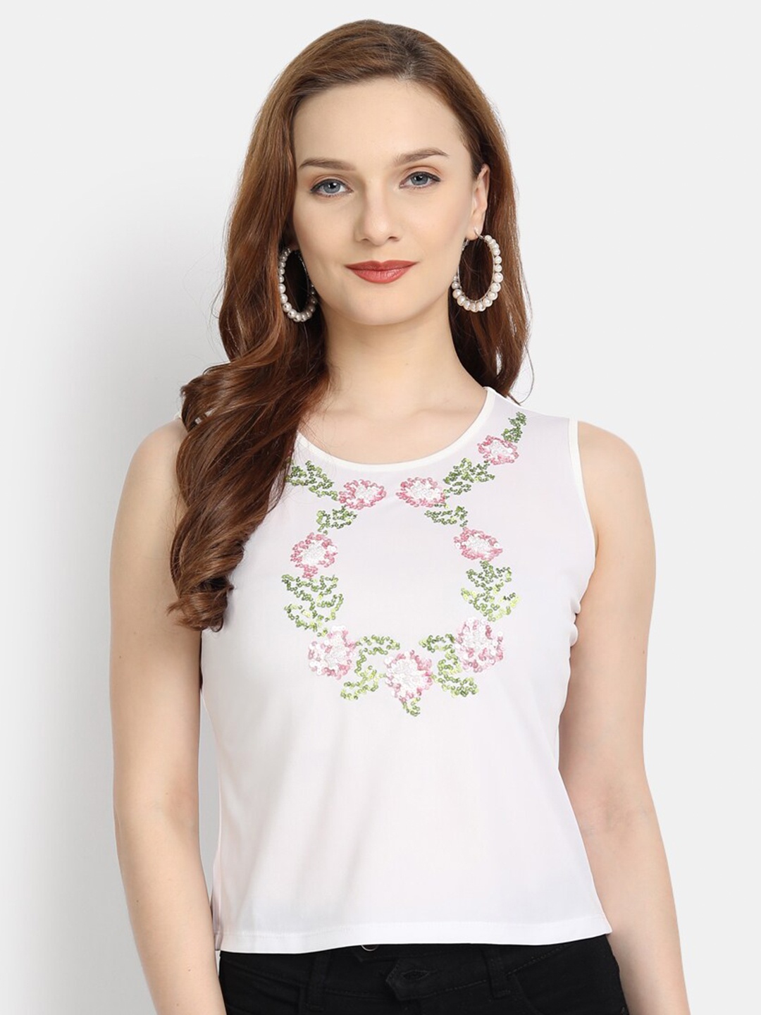 LY2 White & Pink Floral Embroidered Regular Top