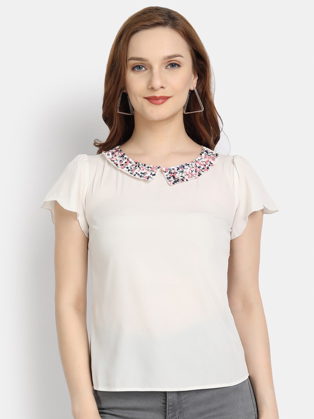 LY2 White Peter Pan Collar Crepe Regular Top