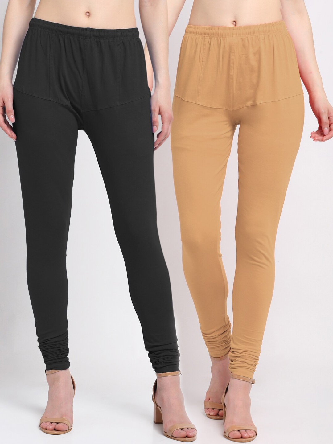 KLOTTHE Women Pack Of 2 Solid Cotton Churidar-Length Leggings, Black