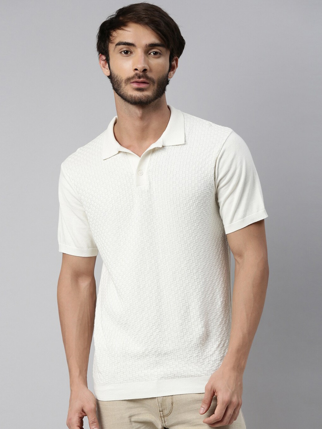 RARE RABBIT Men Off White Cable Knit Pullover