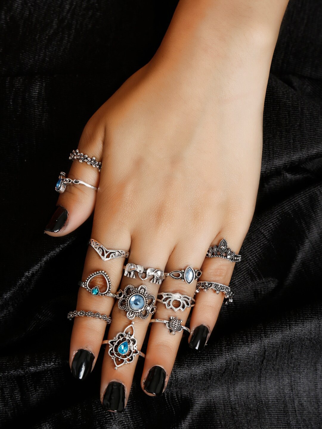 Shining Diva Fashion Set Of 13 Oxidised Silver-Plated Crystal-Studded Fingers Rings
Shining Diva Fashion Set Of 13 Oxidised Silver-Plated Crystal-Studded Fingers Rings