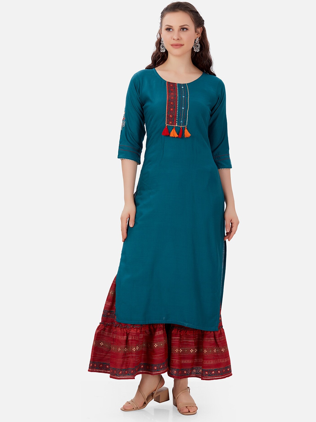 Kiana Women Teal Blue & Maroon Embroidered Kurta with Printed Sharara