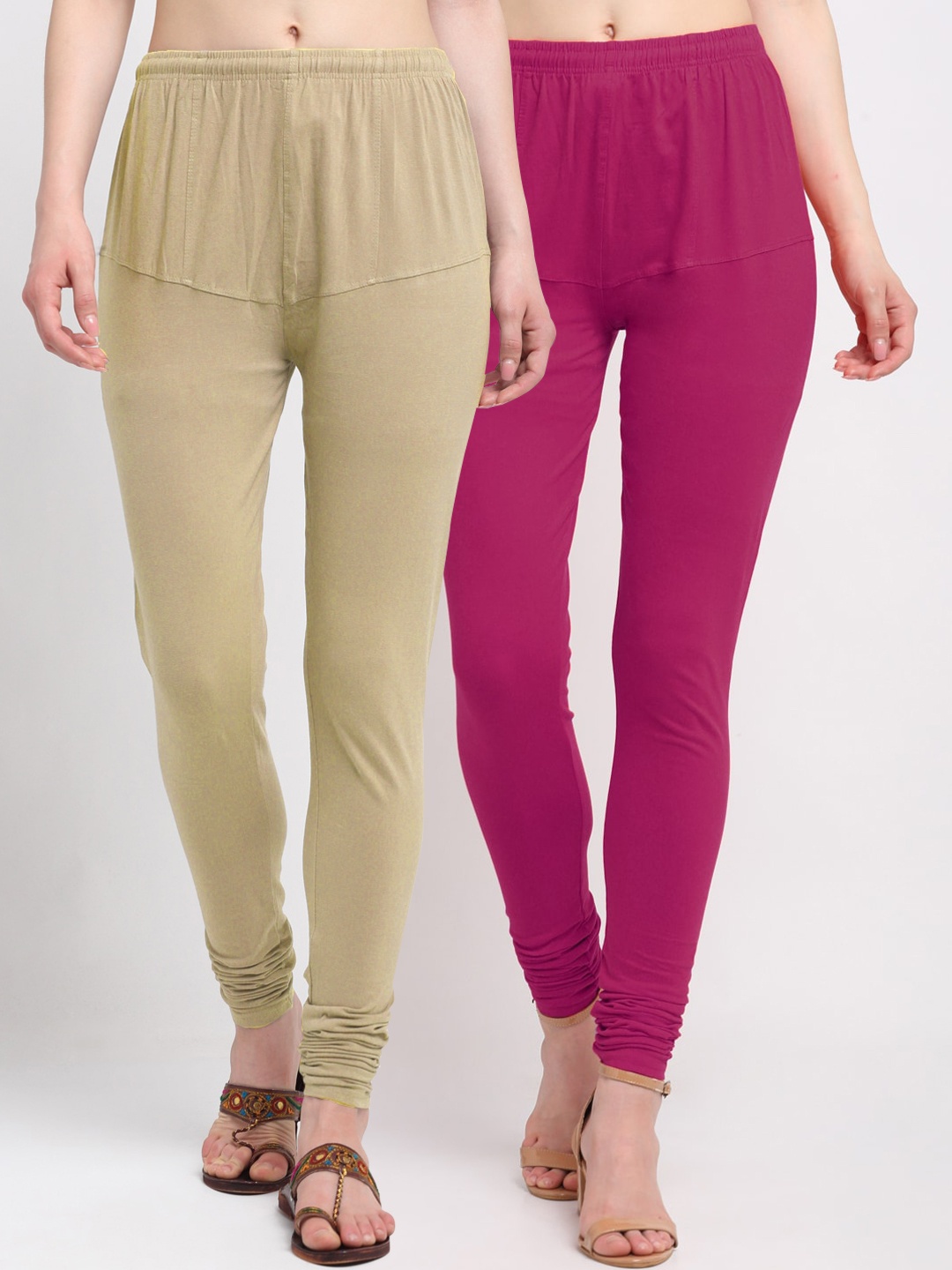 KLOTTHE Women Pack of 2 Solid Cotton Churidar-Length Leggings, Magenta