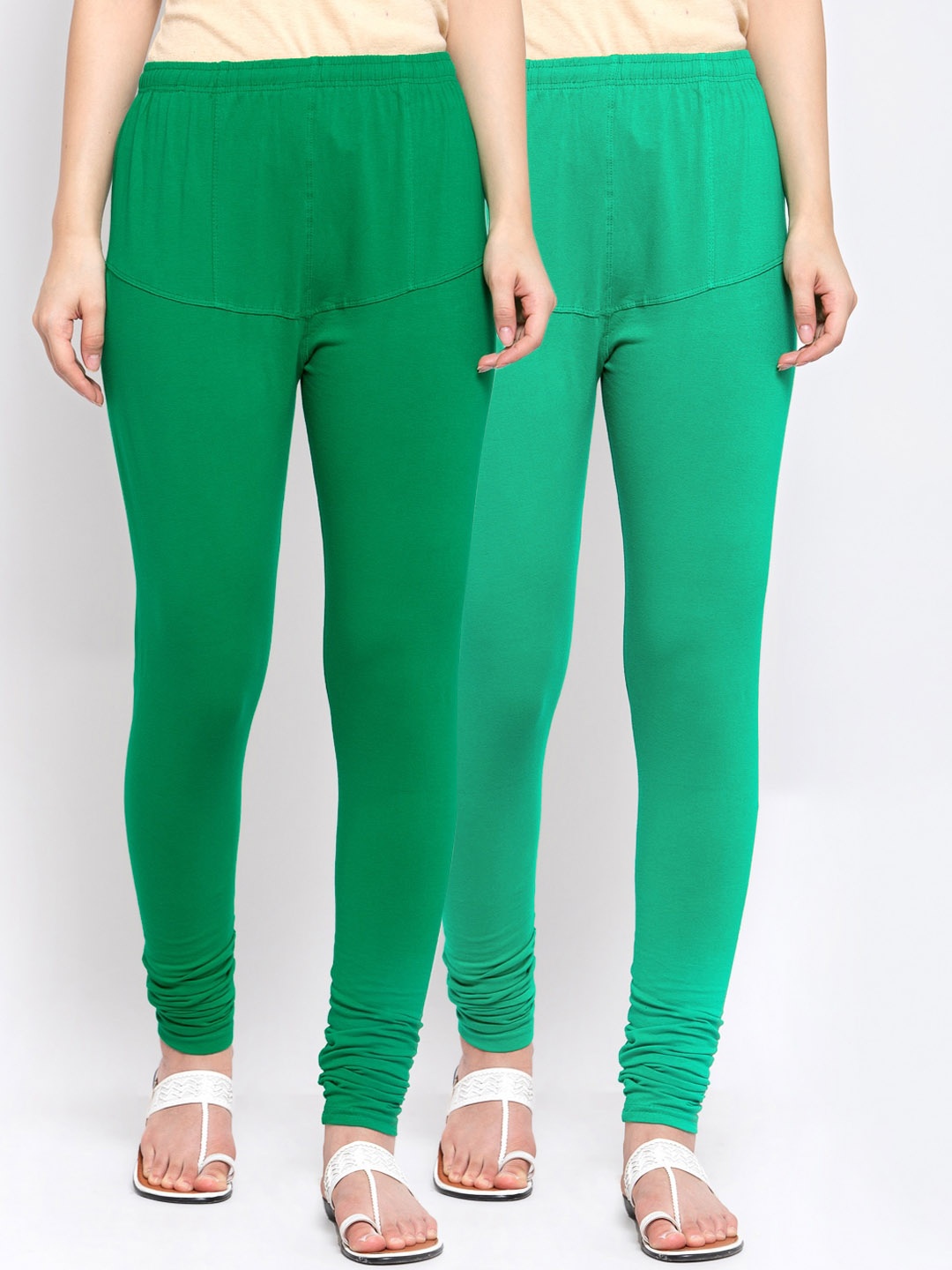 KLOTTHE Women Pack Of 2 Green Solid Churidar-Length Cotton Leggings