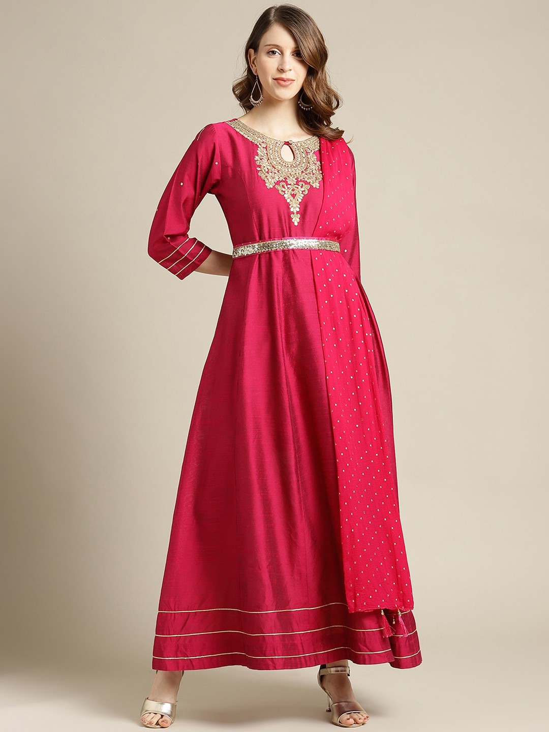 Varanga Women Magenta Keyhole Neck Gotta Patti Anarkali Kurta With Dupatta
