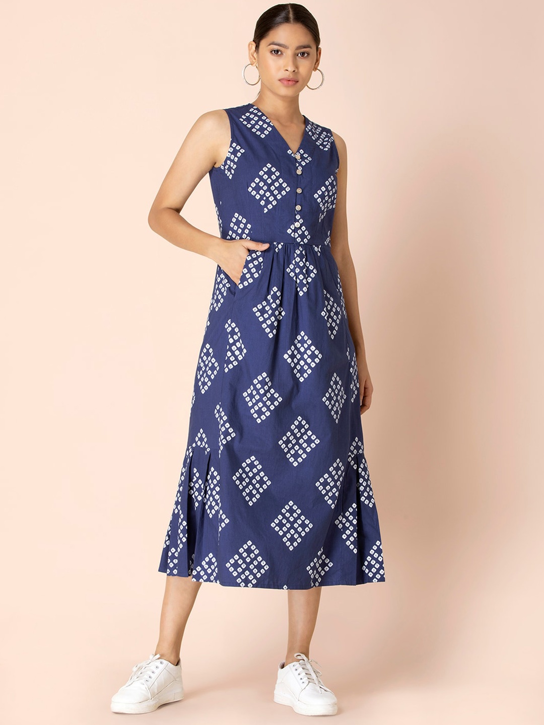 Earthen BY INDYA Indigo Geo Pleated A-Line Dress, Blue