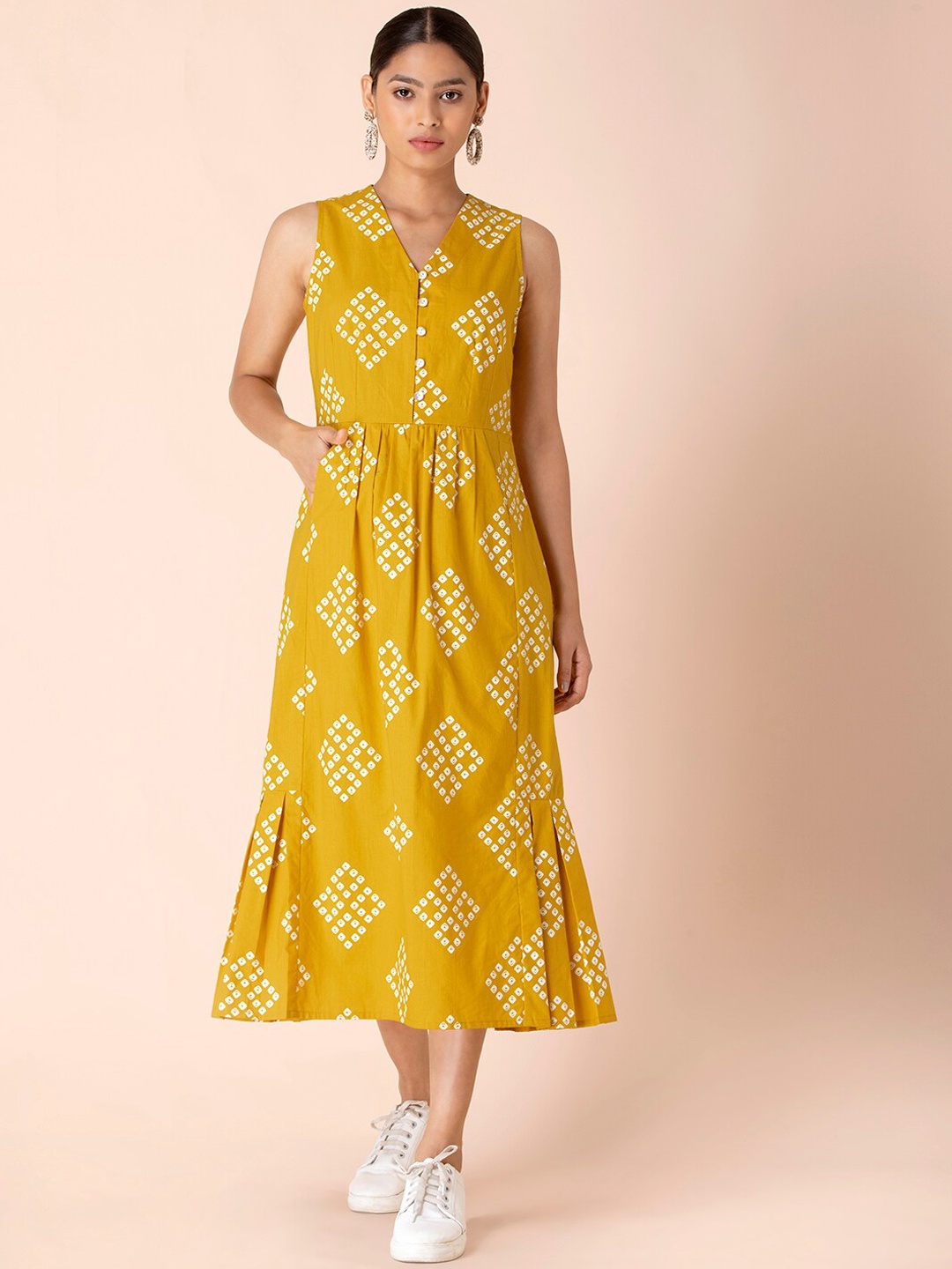 Earthen BY INDYA Mustard Geo Pleated A-Line Dress