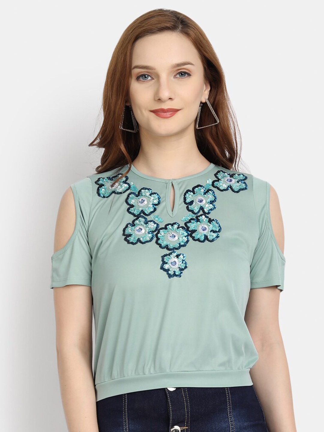 LY2 Blue Women Keyhole Neck Hand Embellished Regular Top