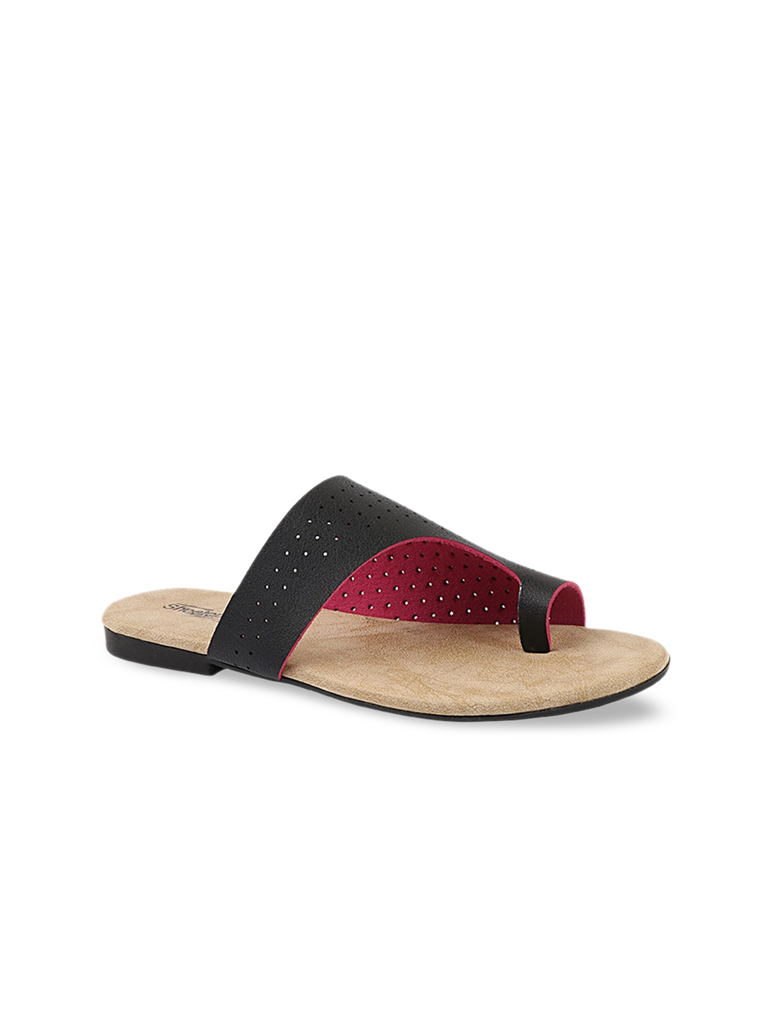 Shoetopia Women Black Colourblocked Laser Cuts One Toe Flats