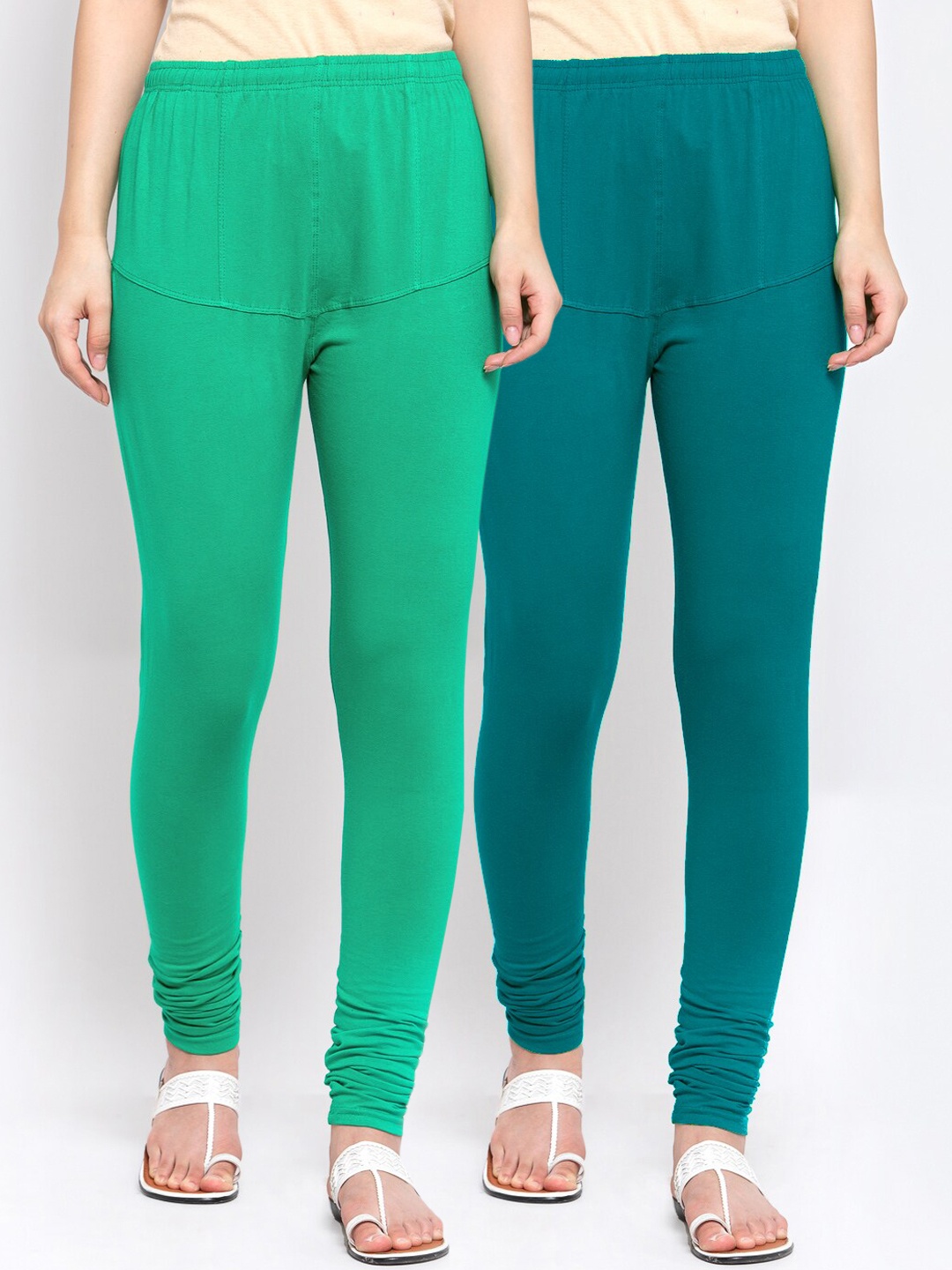 KLOTTHE Women Pack Of 2 Solid Churidar-Length Cotton Leggings, Sea green