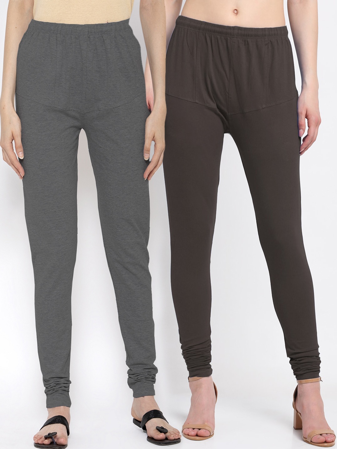 KLOTTHE Women Pack Of 2 Solid Cotton Churidar-Length Leggings, Brown