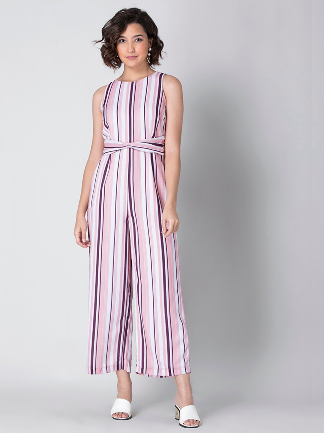 FabAlley White & Pink Striped Basic Jumpsuit