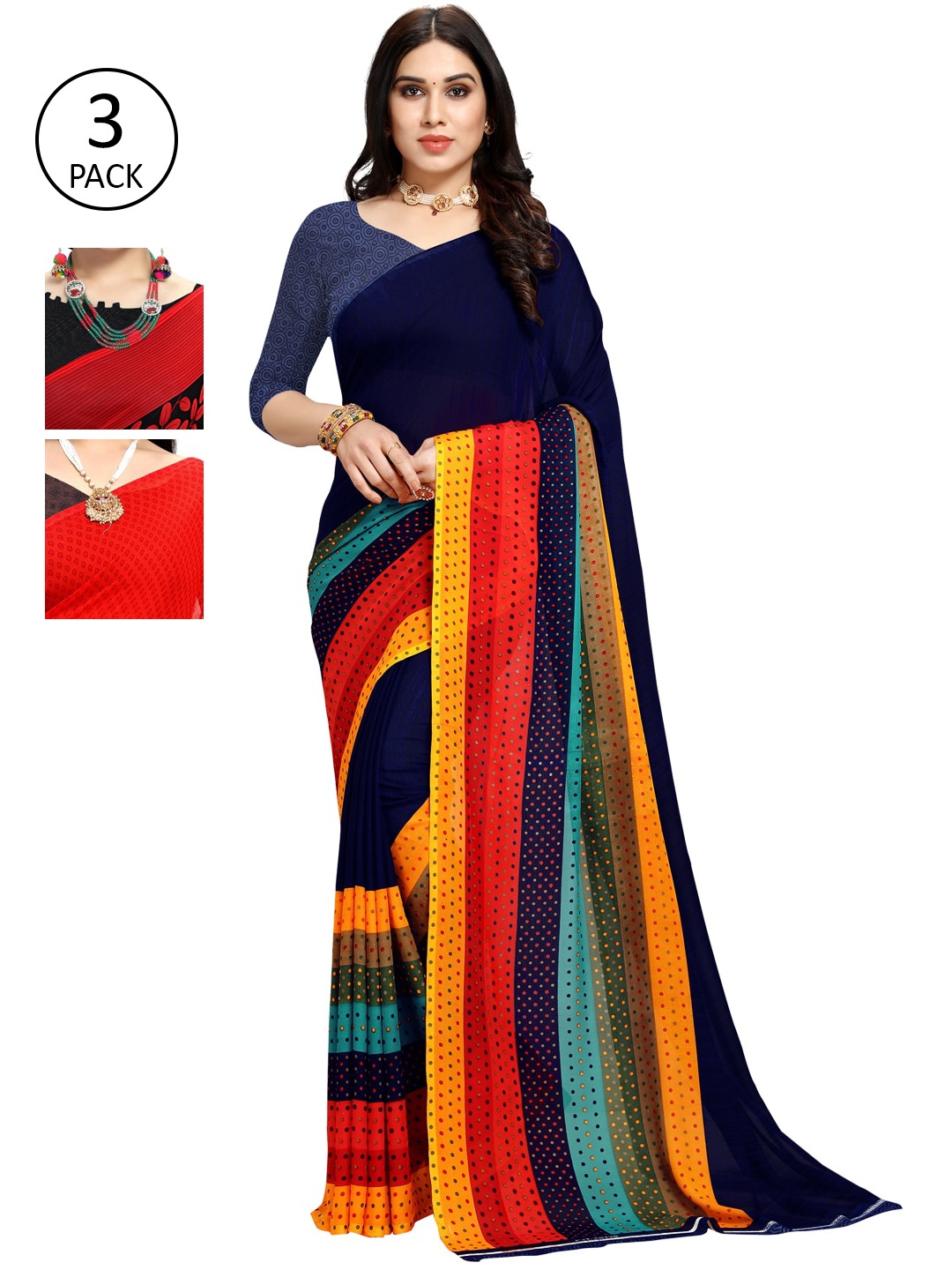 KALINI Pack Of 3 Multicoloured Striped Poly Georgette Sarees, Multi