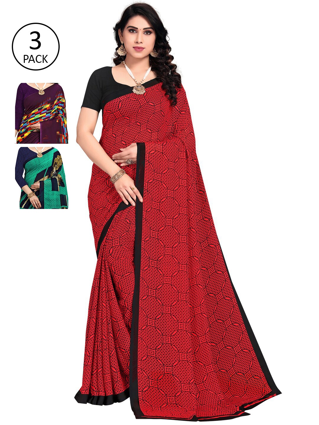 KALINI Pack Of 3 Printed Saree, Red