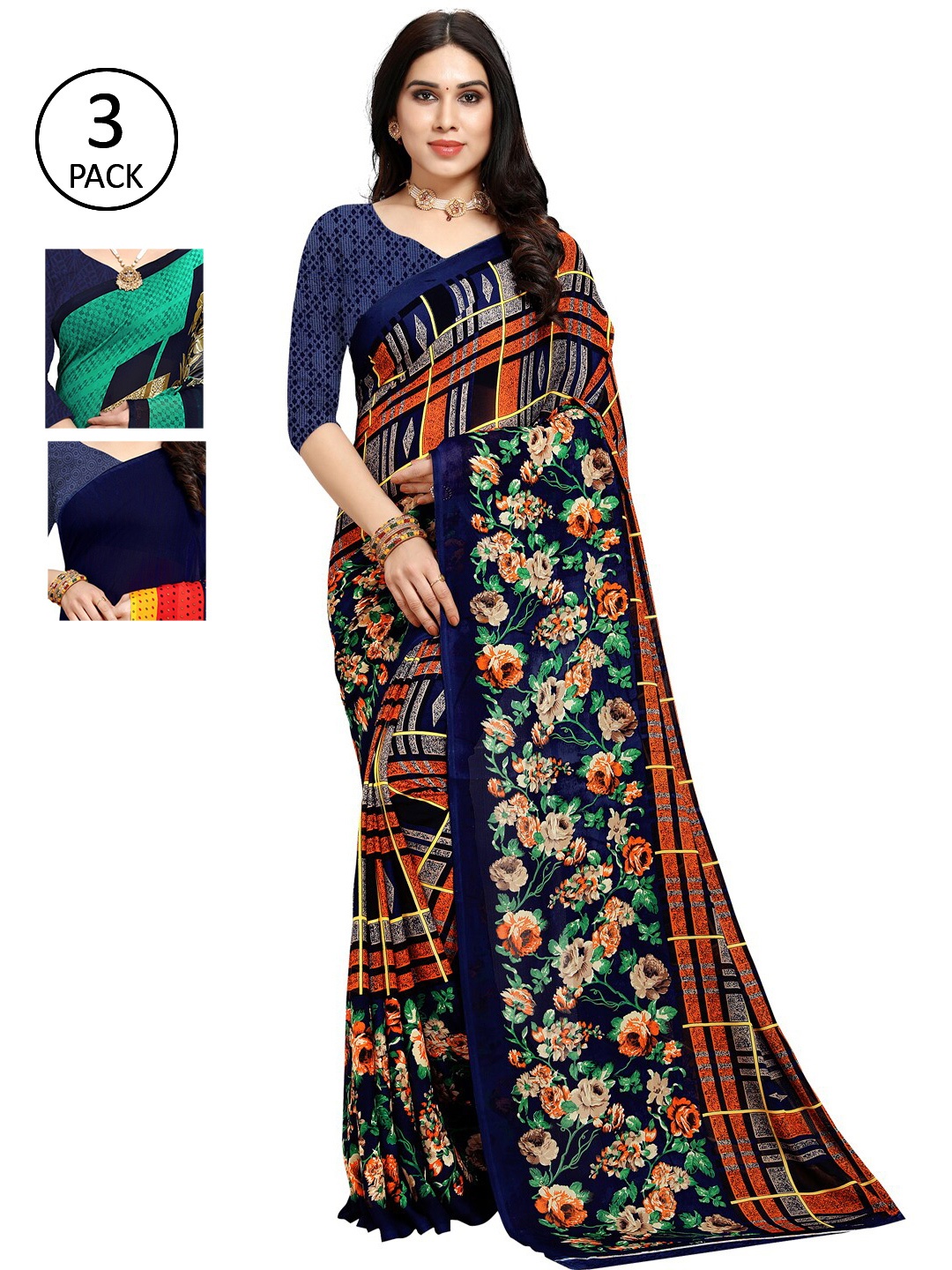 KALINI Pack Of 3 Printed Sarees, Green