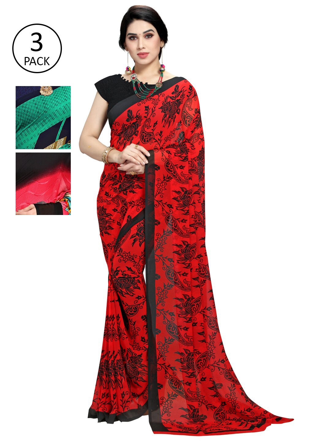 KALINI Pack Of 3 Printed Poly Georgette Saree, Red