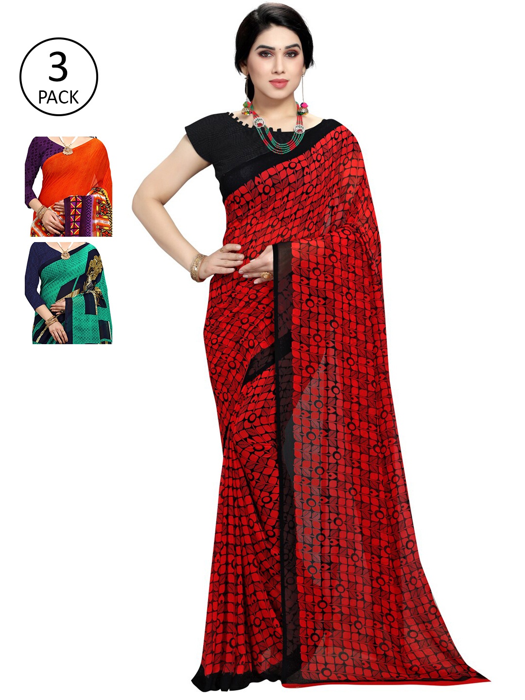 KALINI Pack of 3 Printed Sarees, Red