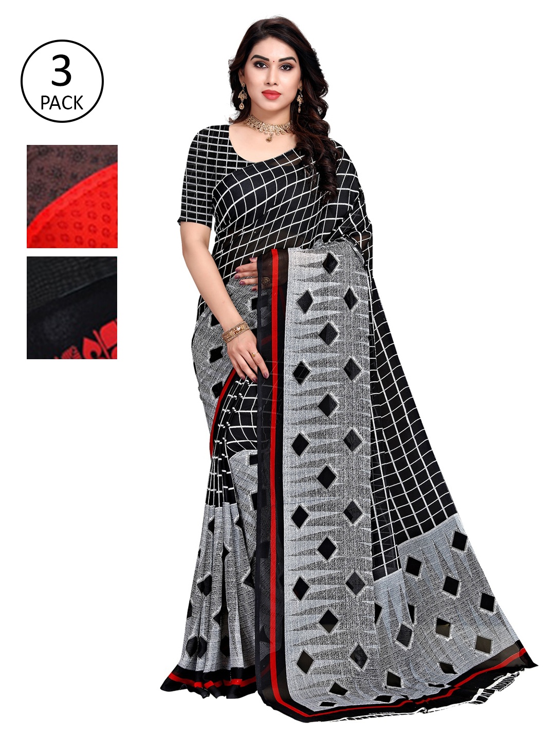 KALINI Pack of 3 Printed Sarees, Red