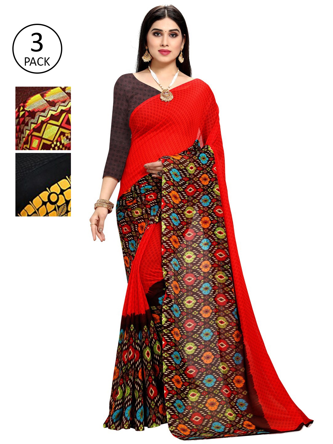 KALINI Pack of 3 Poly Georgette Saree, Black