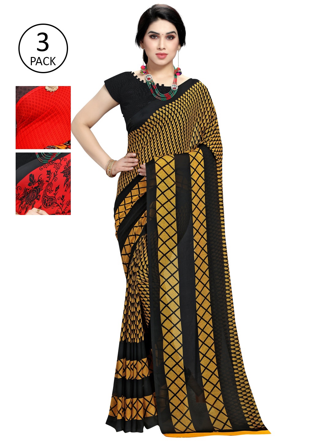 KALINI Pack Of 3 Printed Sarees, Yellow