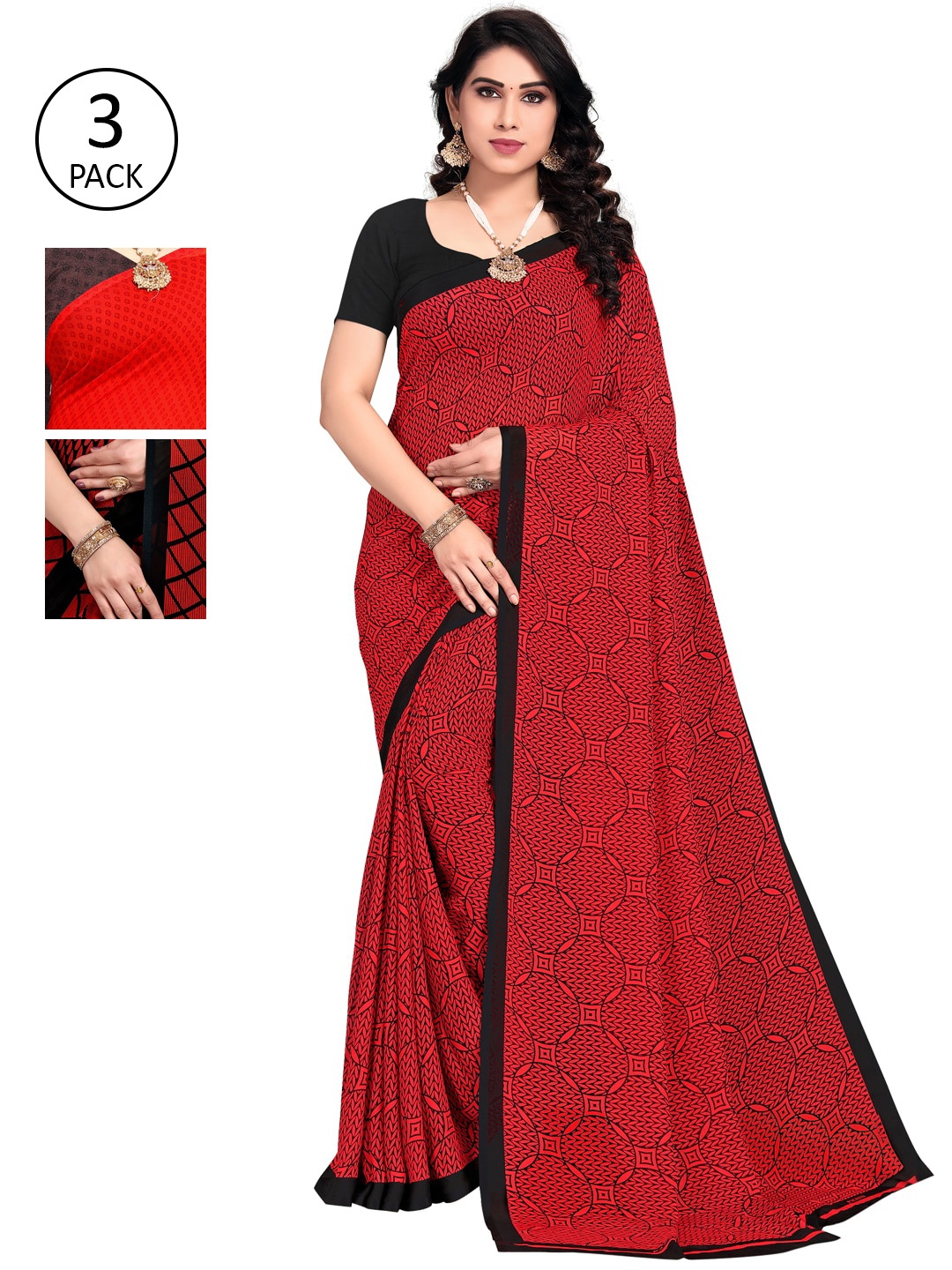 KALINI Pack of 3 Printed Sarees, Orange
