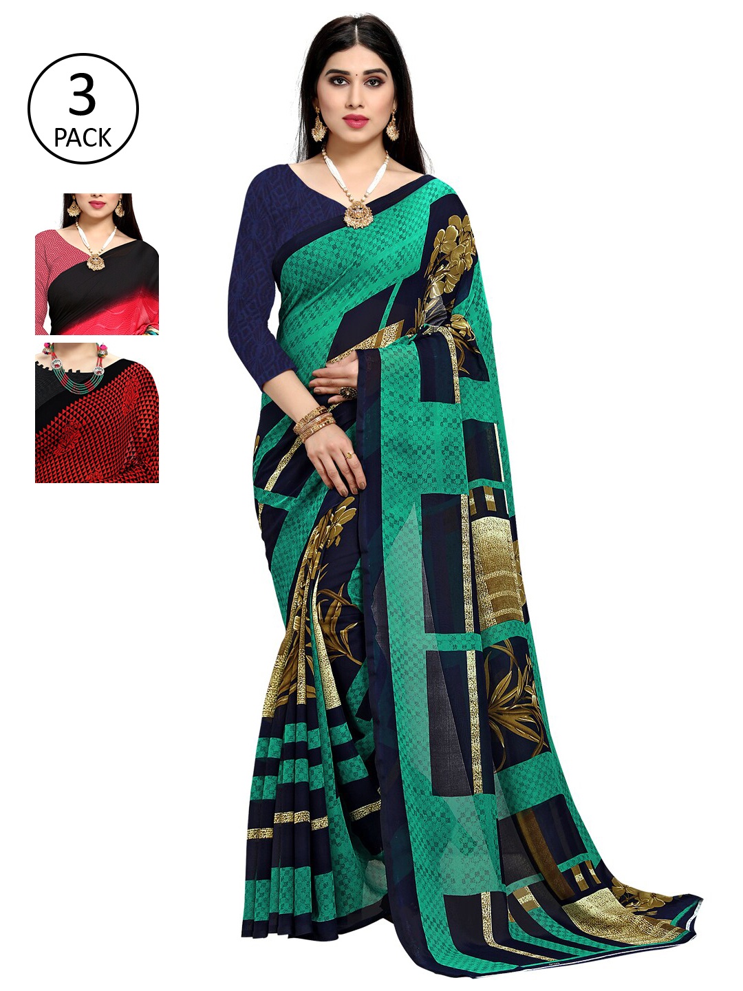 KALINI Pack of 3 Printed Saree, Green