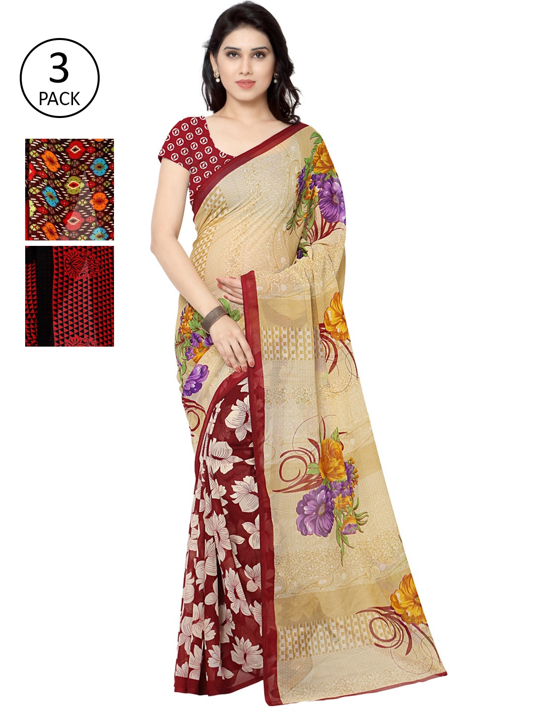 KALINI Pack of 3 Printed Sarees, Red