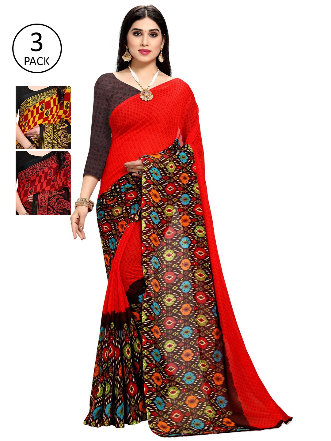 KALINI Set Of 3 Printed Sarees, Red