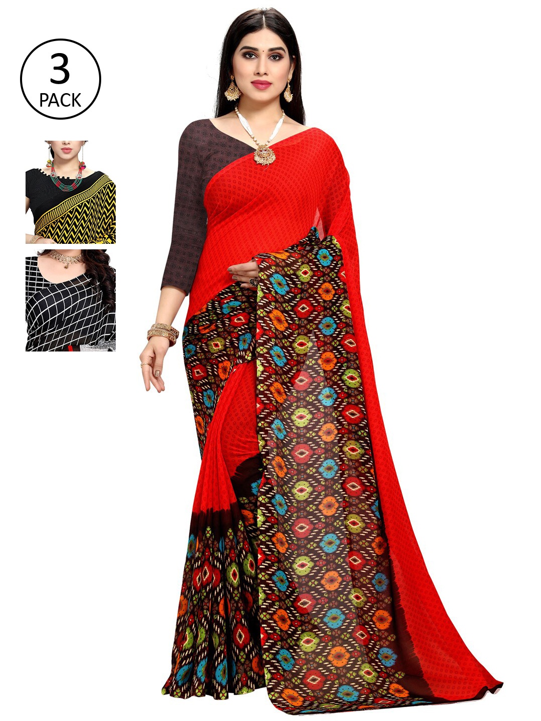 KALINI Pack of 3 Printed Sarees, Yellow