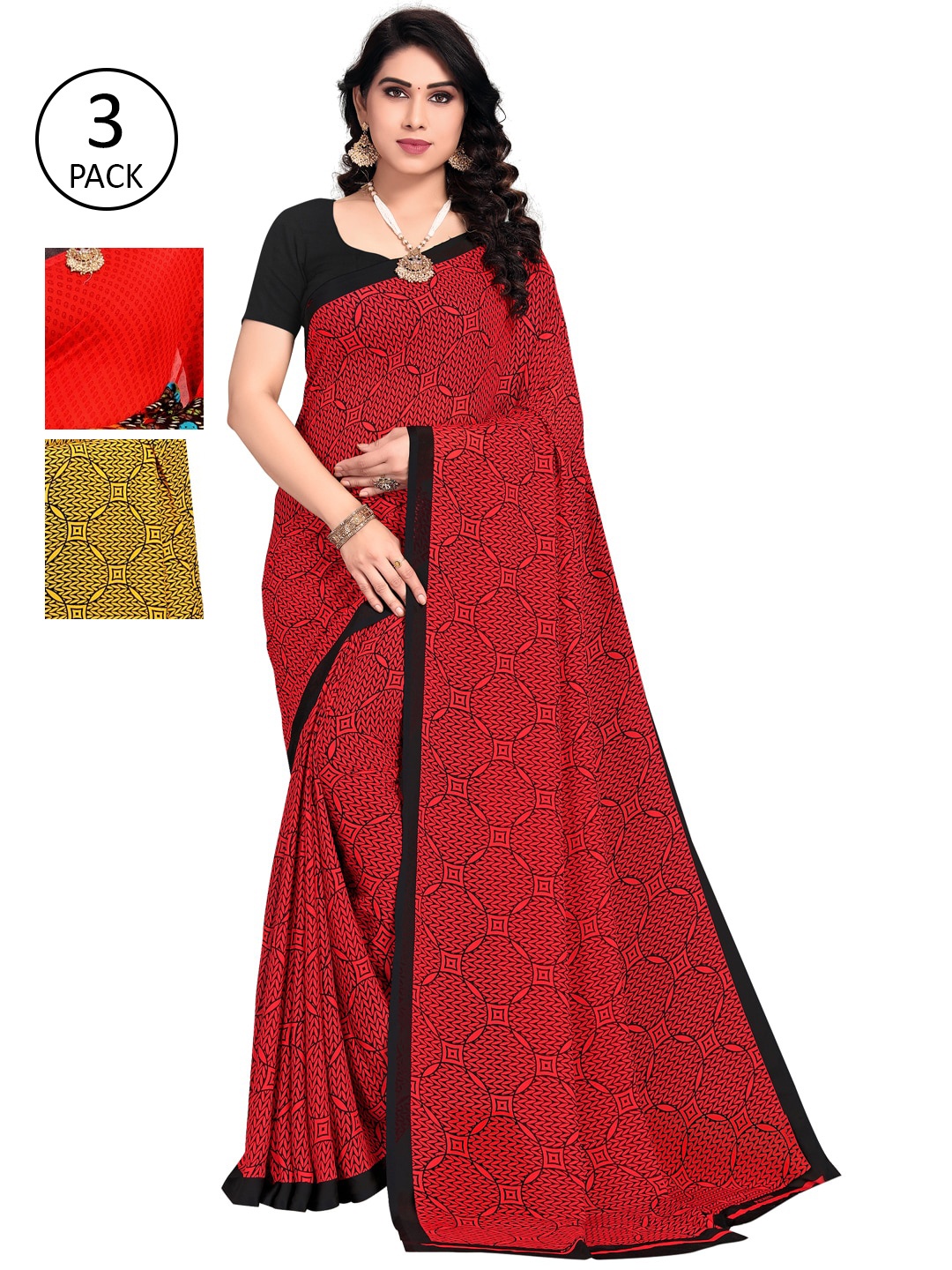 KALINI Pack Of 3 Multicoloured Poly Georgette Sarees, Multi