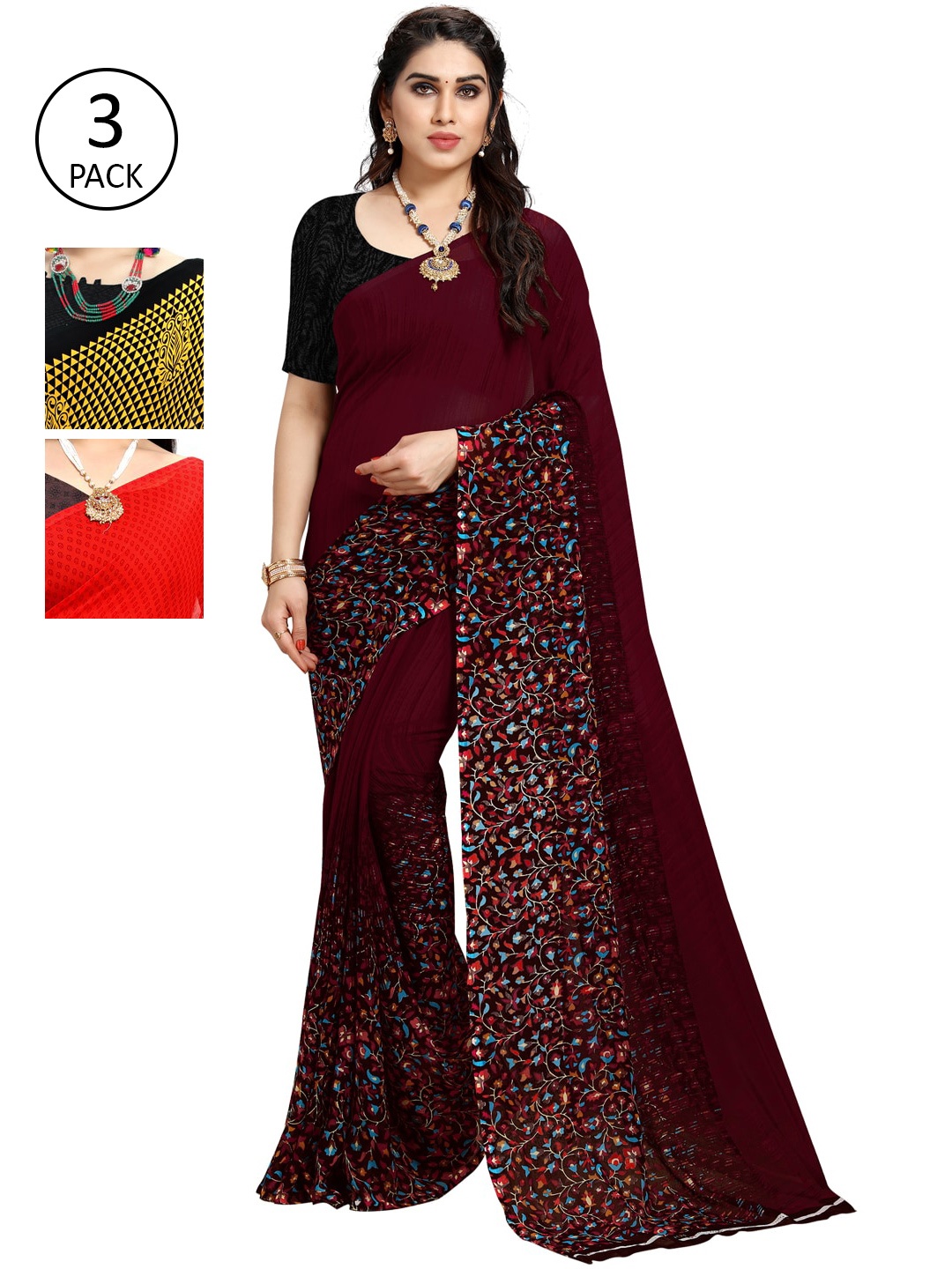 KALINI Pack Of 3 Printed Sarees, Red