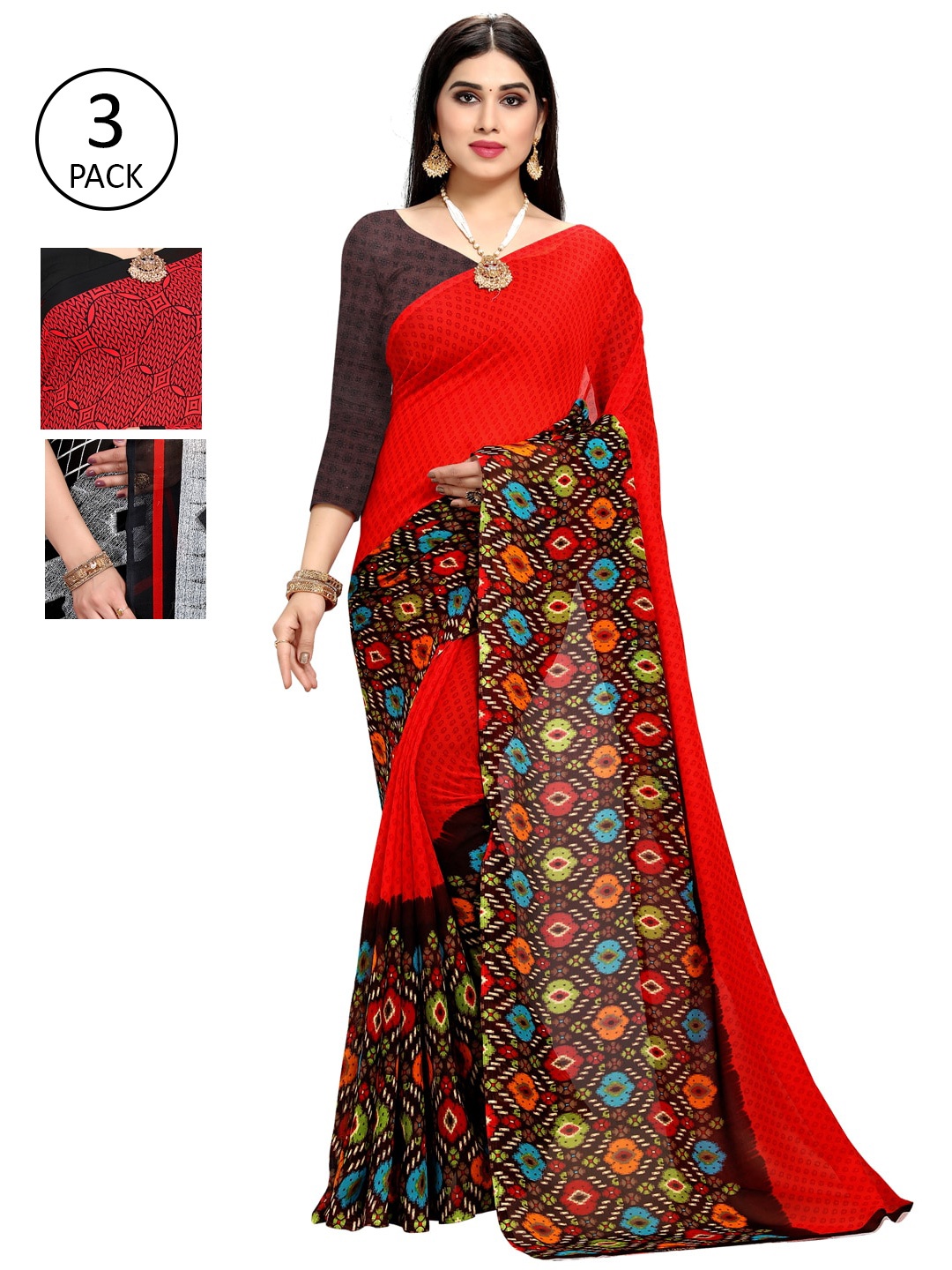 KALINI Pack of 3 Printed Sarees, Red