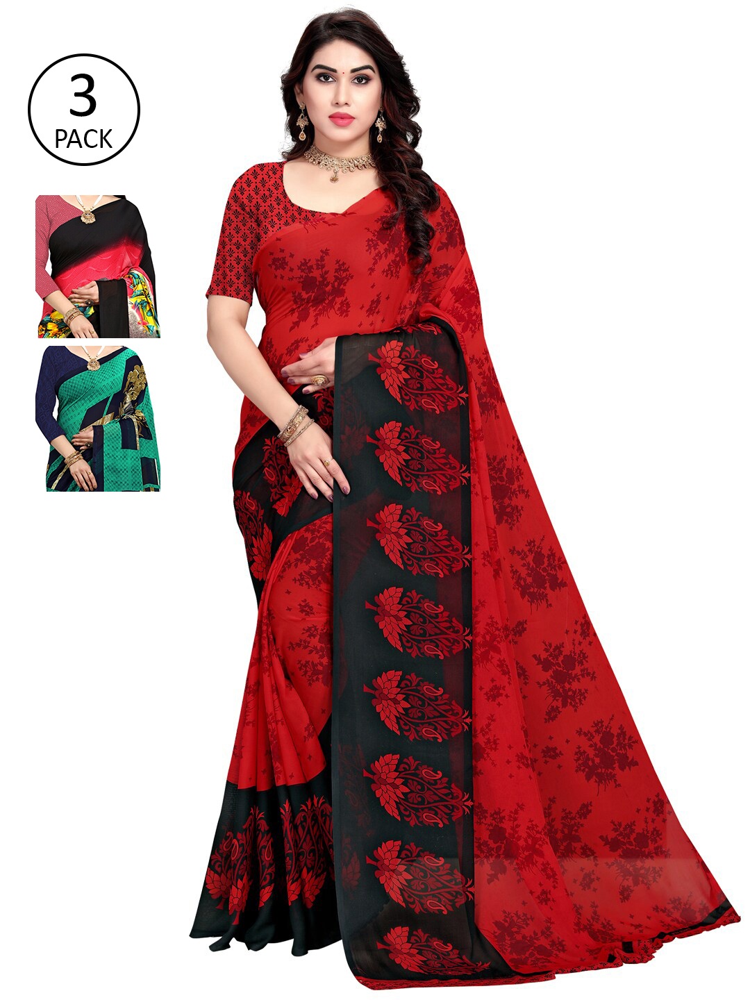 KALINI Pack of 3 Printed Saree, Red