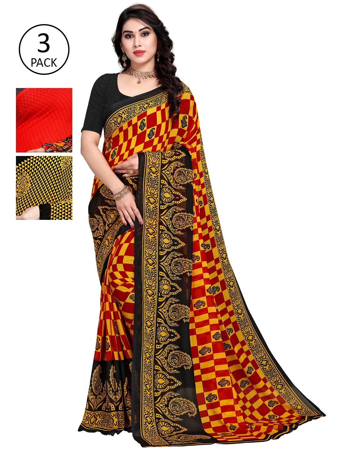 KALINI Pack of 3 Printed Saree, Red