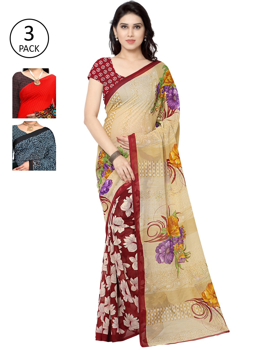 KALINI Pack Of 3 Printed Sarees, Red