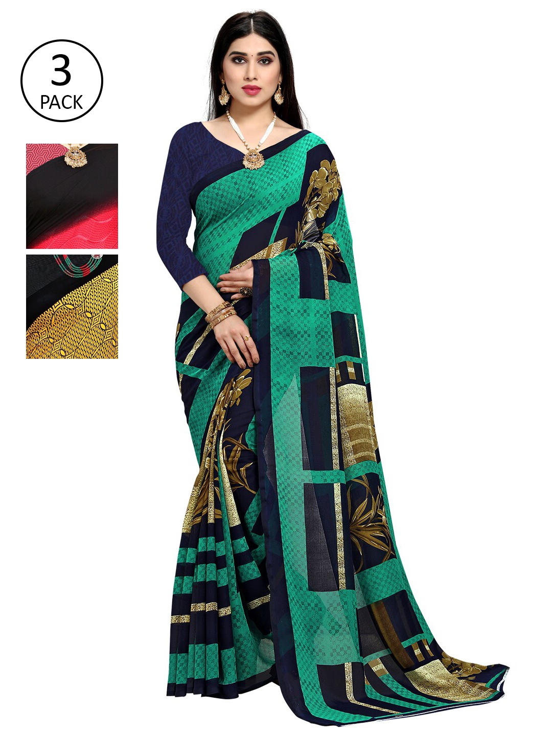 KALINI Pack Of 3 Yellow & Black Printed Sarees