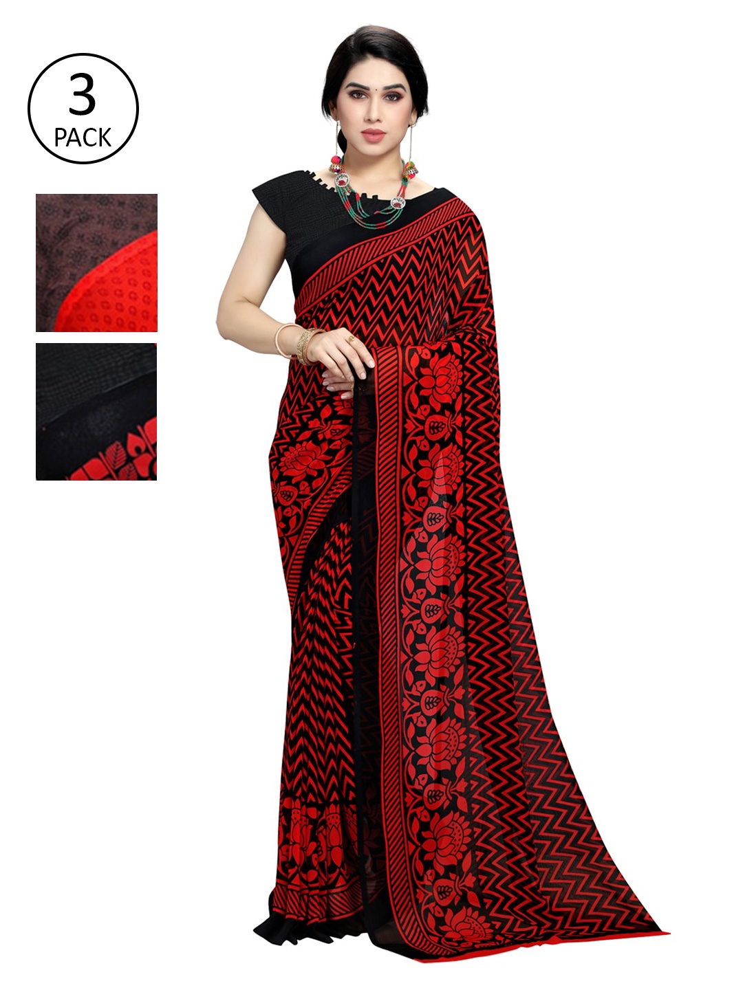 KALINI Pack Of 3 Printed Saree, Red