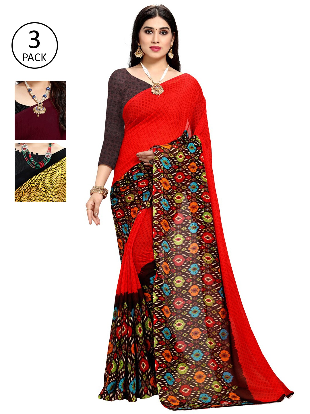 KALINI Pack of 3 Printed Saree, Yellow