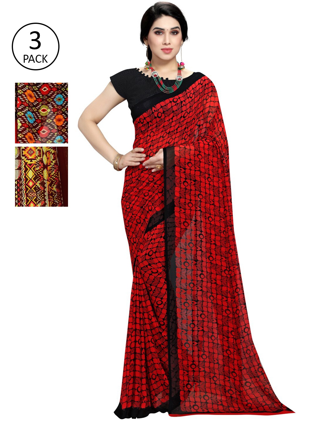 KALINI Pack Of 3 Multicoloured Floral Poly Georgette Sarees, Multi