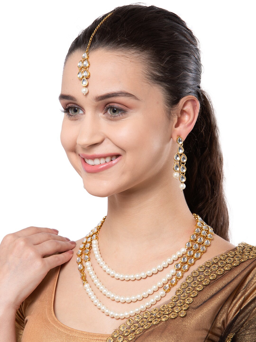 Shining Diva Gold-Plated White Kundan-Studded Beaded Layered Jewellery Set