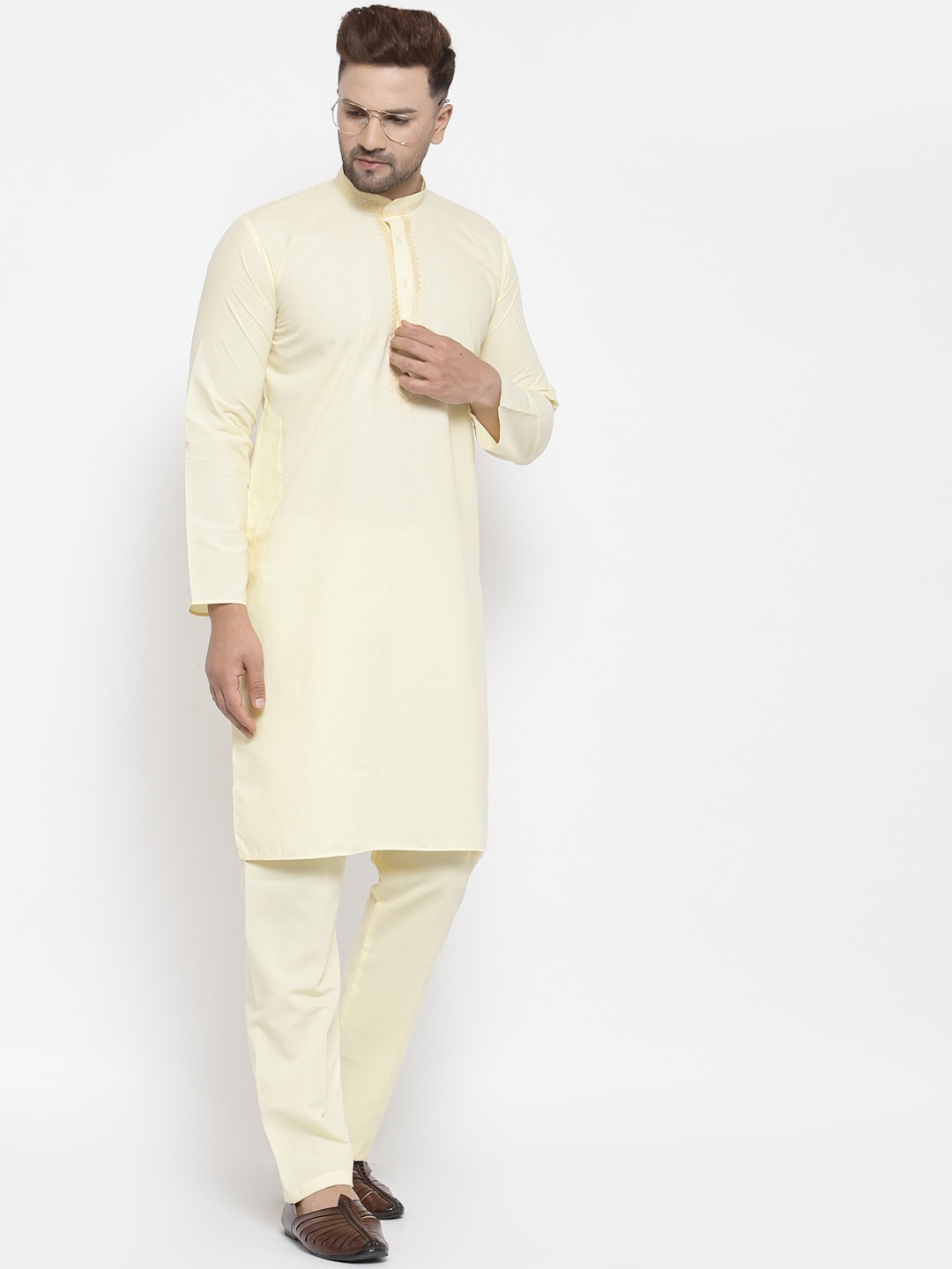 MAXENCE Men Yellow Linen Kurta with Pyjama