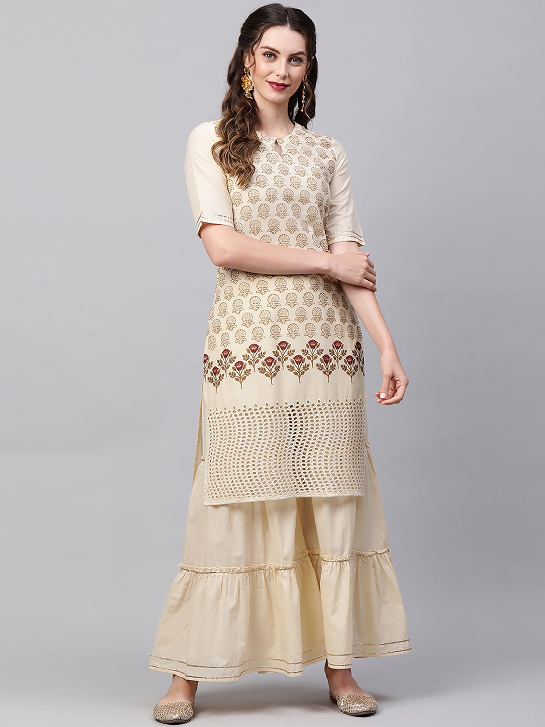Indo Era Women Cream-Coloured Ethnic Motifs Printed Regular Pure Cotton Kurta with Sharara
Indo Era Women Cream-Coloured Ethnic Motifs Printed Regular Pure Cotton Kurta with Sharara