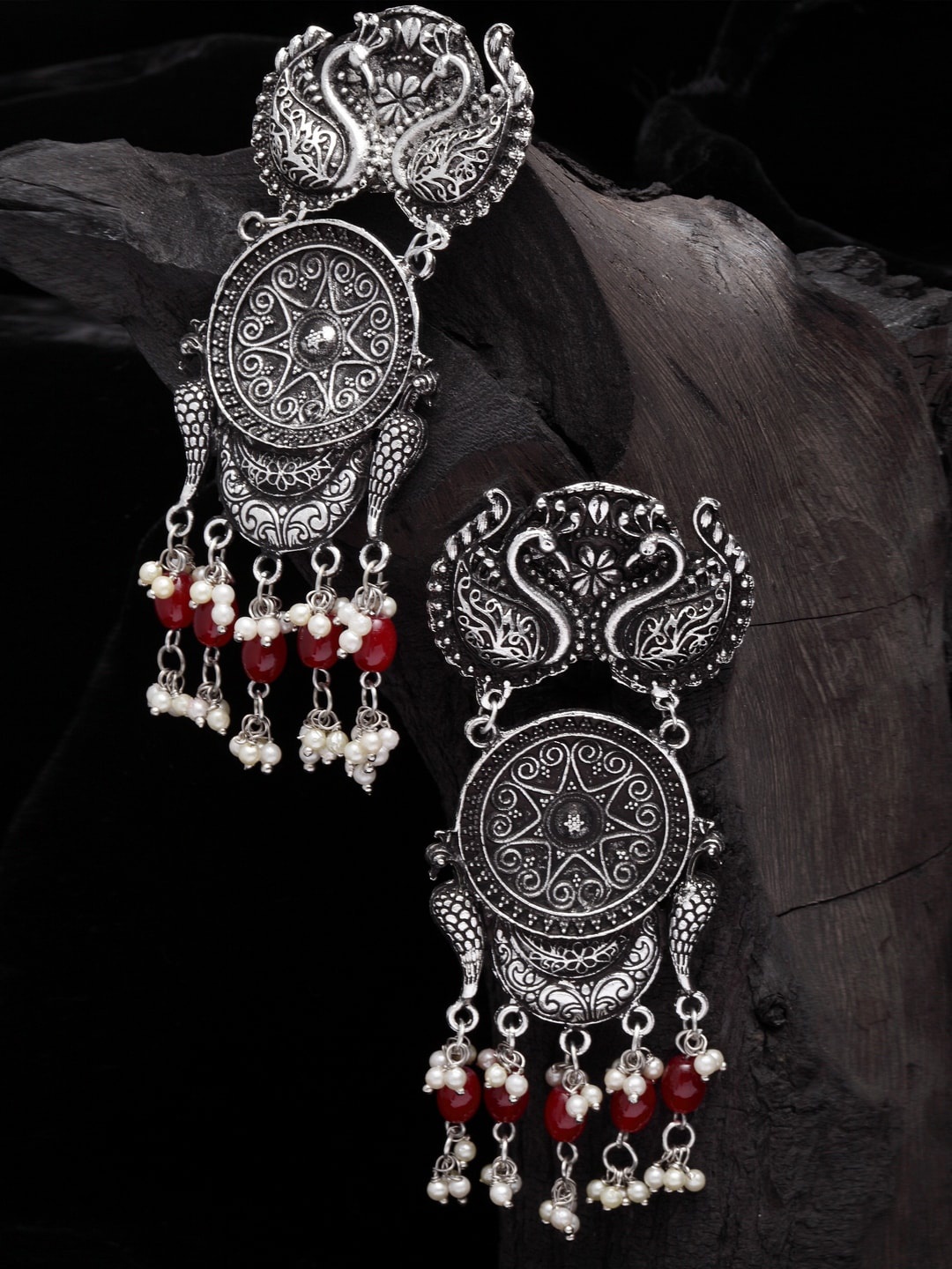 Moedbuille Silver-Toned Peacock Shaped Drop Earrings
