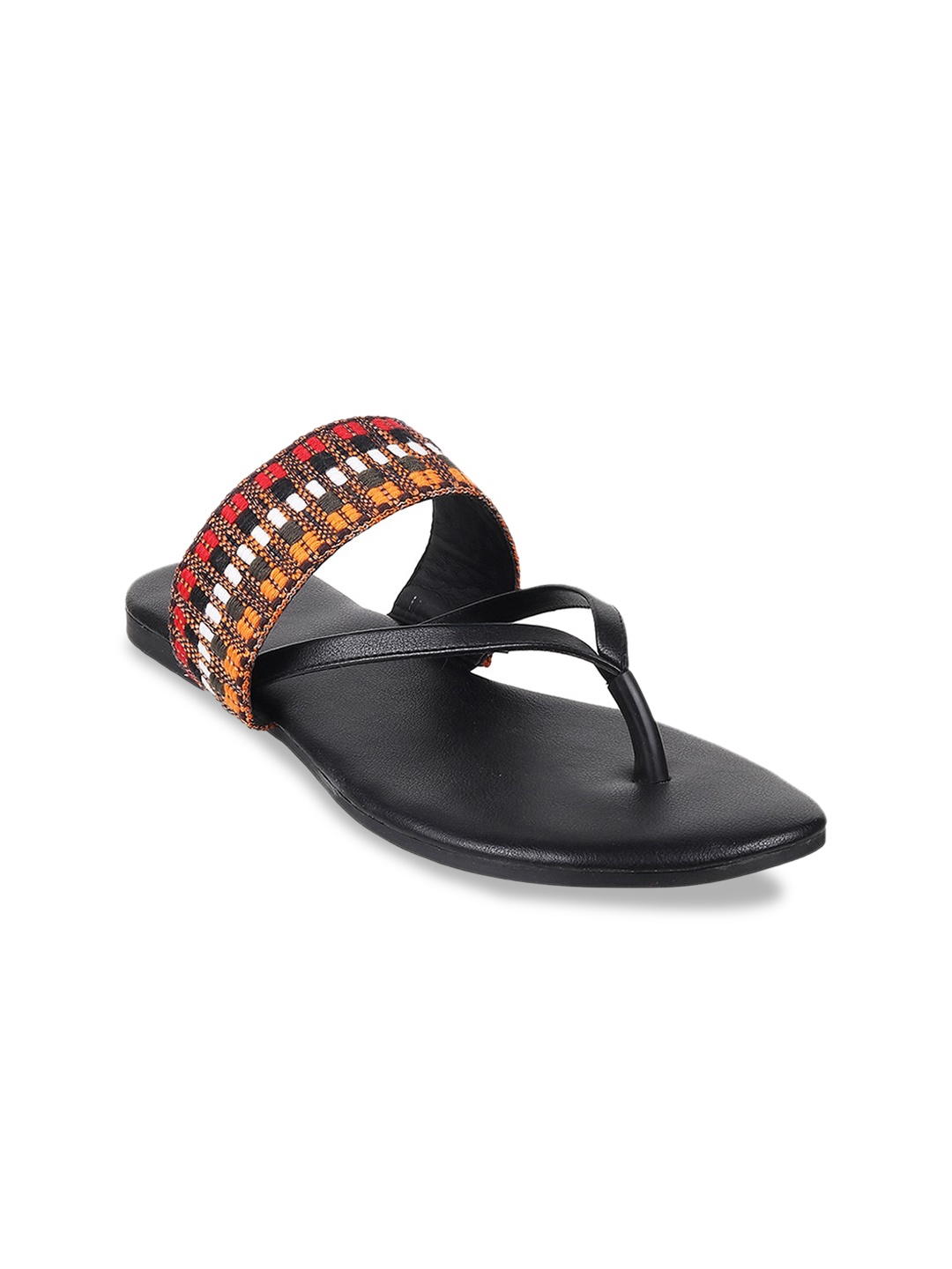 Mochi Women Black Embellished T-Strap Flats