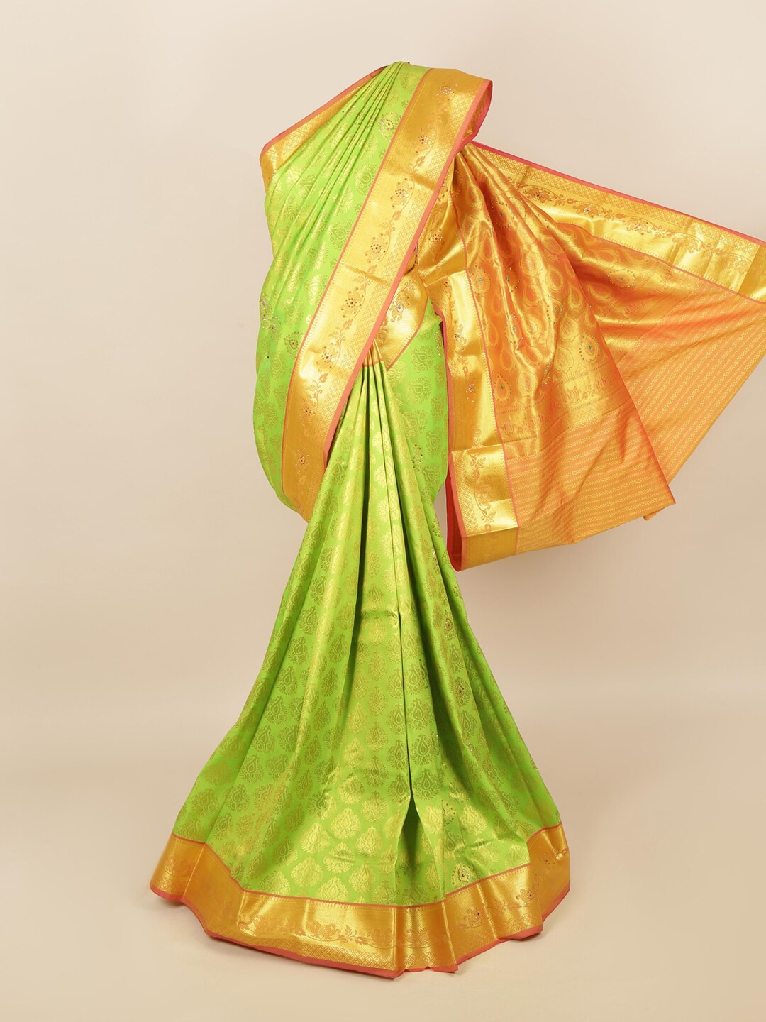 Pothys Green Coloured & Gold Woven Design Zari Silk Blend Saree