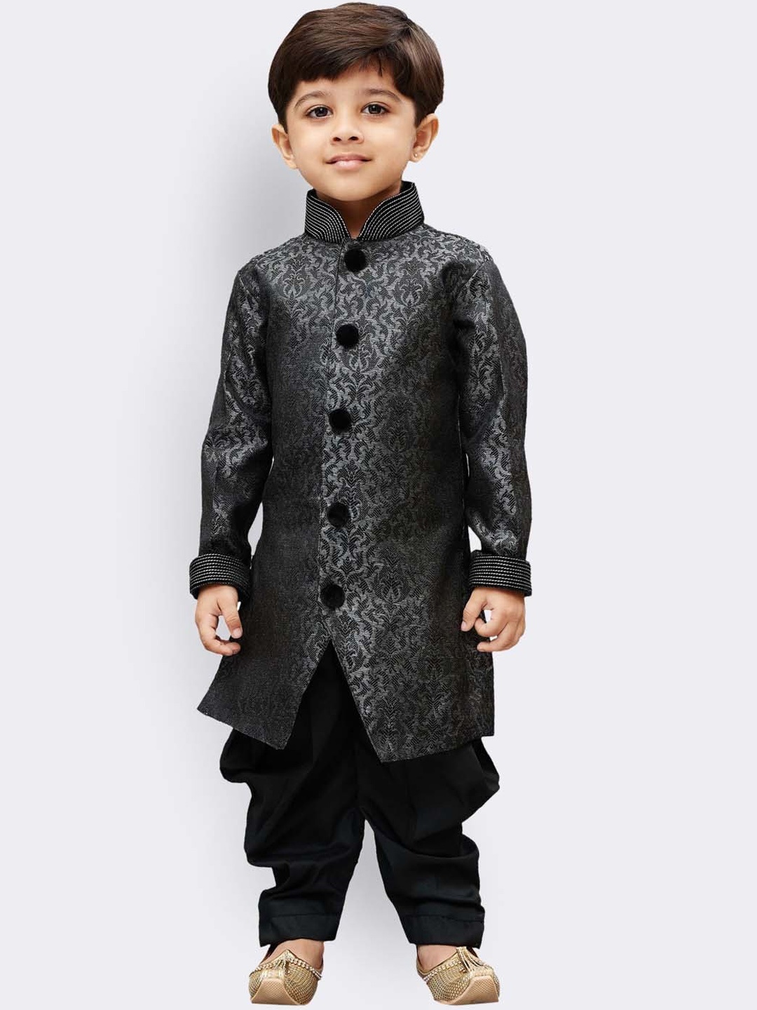 VASTRAMAY Boys Grey & Black Slim-Fit Sherwani Set