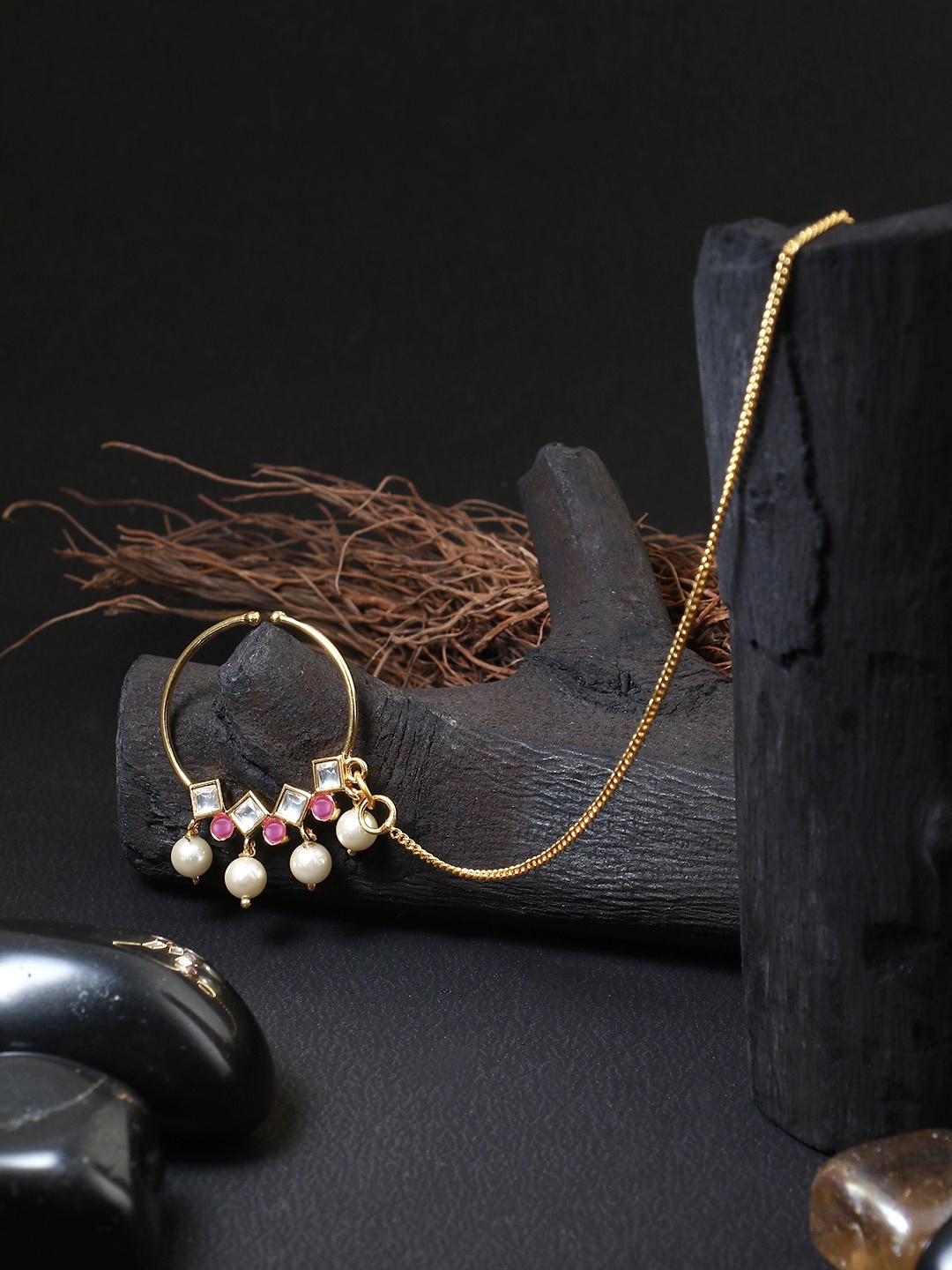Adwitiya Collection 24CT Gold-Plated White & Pink Kundan-Studded Pearl Beaded Meenakari Clip-On Nosepin