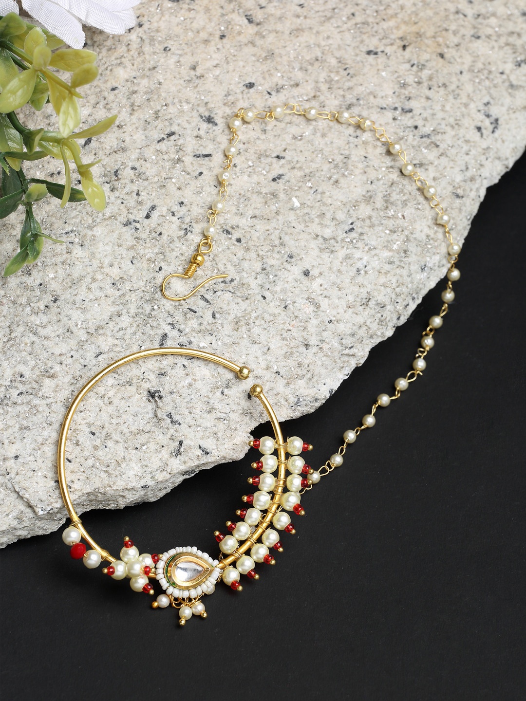 Ruby Raang Women Gold-Toned & White Faux Kundan-Studded Pearl Beaded Chained Nosering
Ruby Raang Women Gold-Toned & White Faux Kundan-Studded Pearl Beaded Chained Nosering